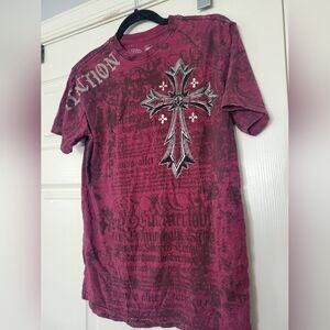 Affliction Mens y2k Gothic Style Cross Allover GraphicBurgandy Black Shirt